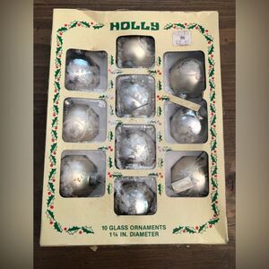 Holly Vintage Glass Christmas Ornaments Box of 10 Gold & Silver
